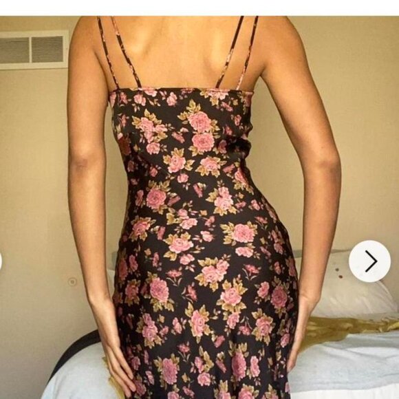 Zara Satin Rose Floral Slip Midi Dress Black Pink Size XS - Picture 2 of 12